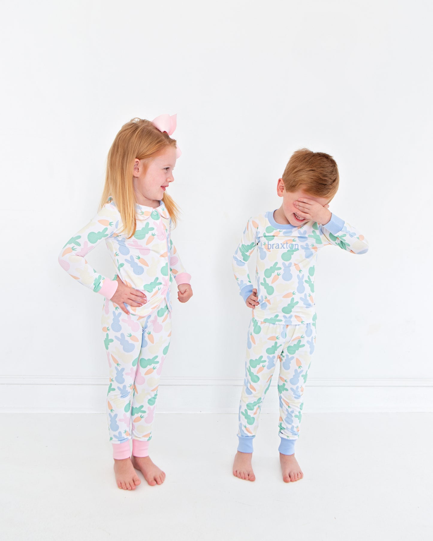 Pink Pastel Bunny And Carrot Print Knit Pajamas