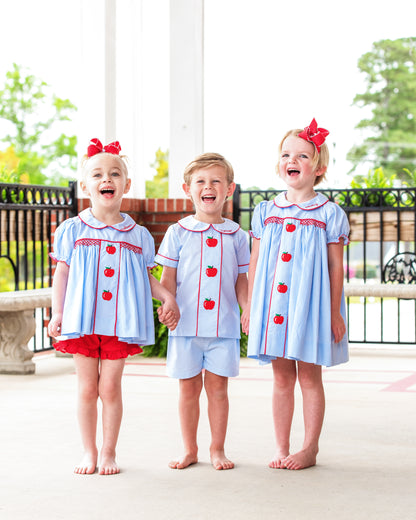 Blue Gingham Smocked Apple Short Set