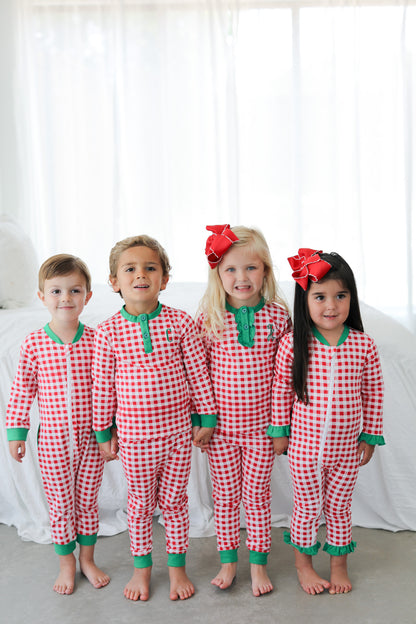 Red And Green Check Knit Zipper Pajamas