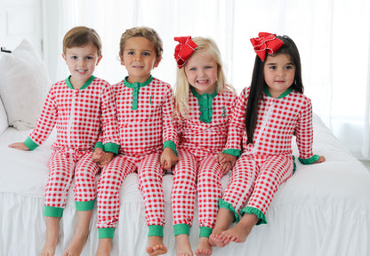 Red And Green Check Knit Zipper Pajamas