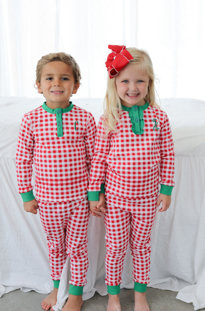 Red And Green Check Ruffle Knit Pajamas