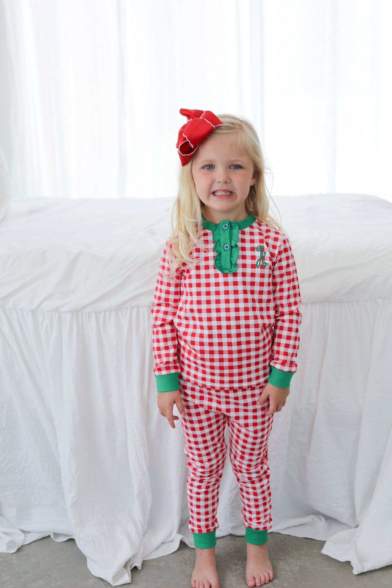 Red And Green Check Ruffle Knit Pajamas
