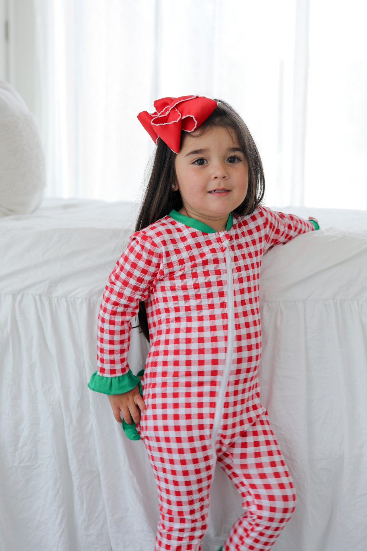 Red And Green Check Ruffle Knit Zipper Pajamas
