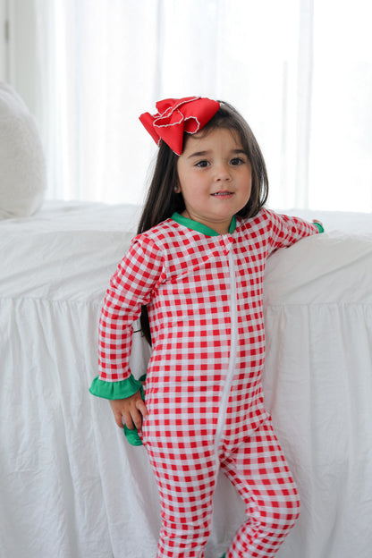 Red And Green Check Ruffle Knit Zipper Pajamas