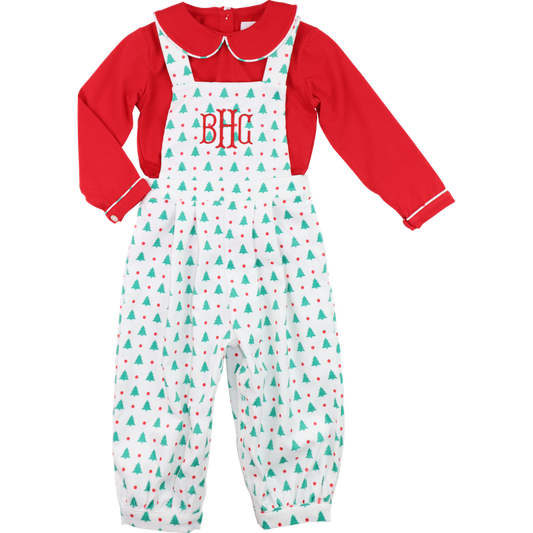 Red And Green Christmas Tree Long Romper Set