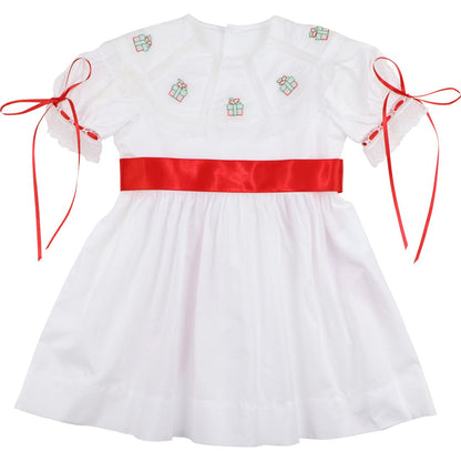White Heirloom Embroidered Christmas Gift Satin Bow Dress