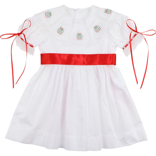 White Heirloom Embroidered Christmas Gift Satin Bow Dress