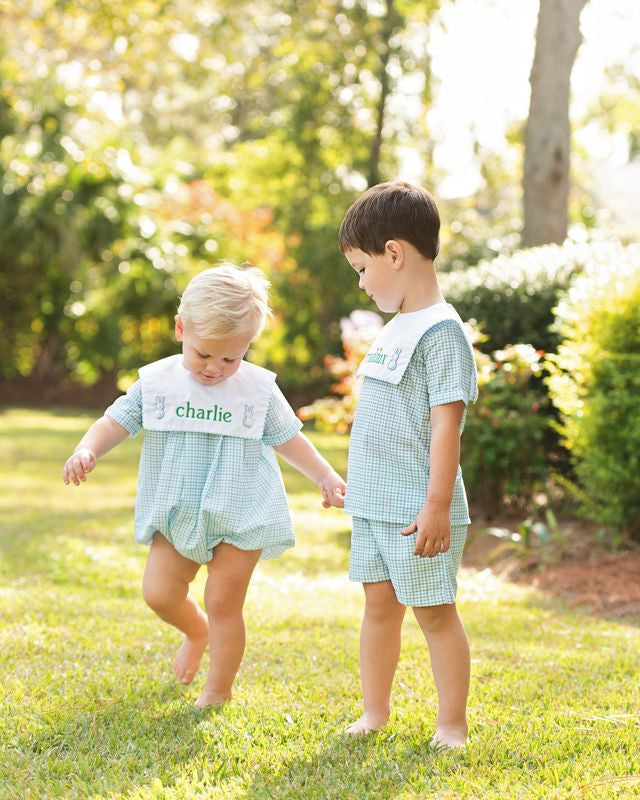 Blue And Green Windowpane Embroidered Bunny Short Set