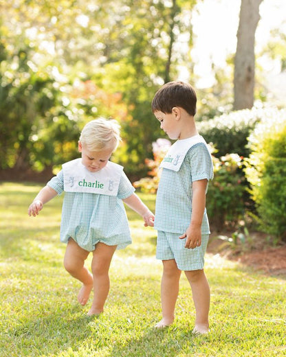 Blue And Green Windowpane Embroidered Bunny Short Set