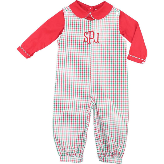 Red And Green Windowpane Long Romper Set