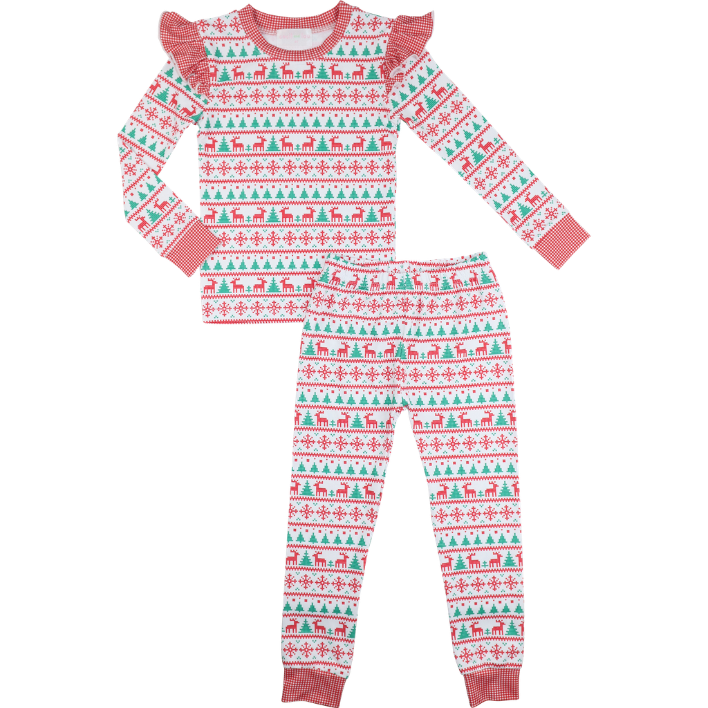 Red And Green Christmas Print Knit Ruffle Pajamas