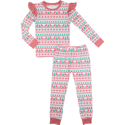 Red And Green Christmas Print Knit Ruffle Pajamas