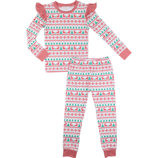 Red And Green Christmas Print Knit Ruffle Pajamas