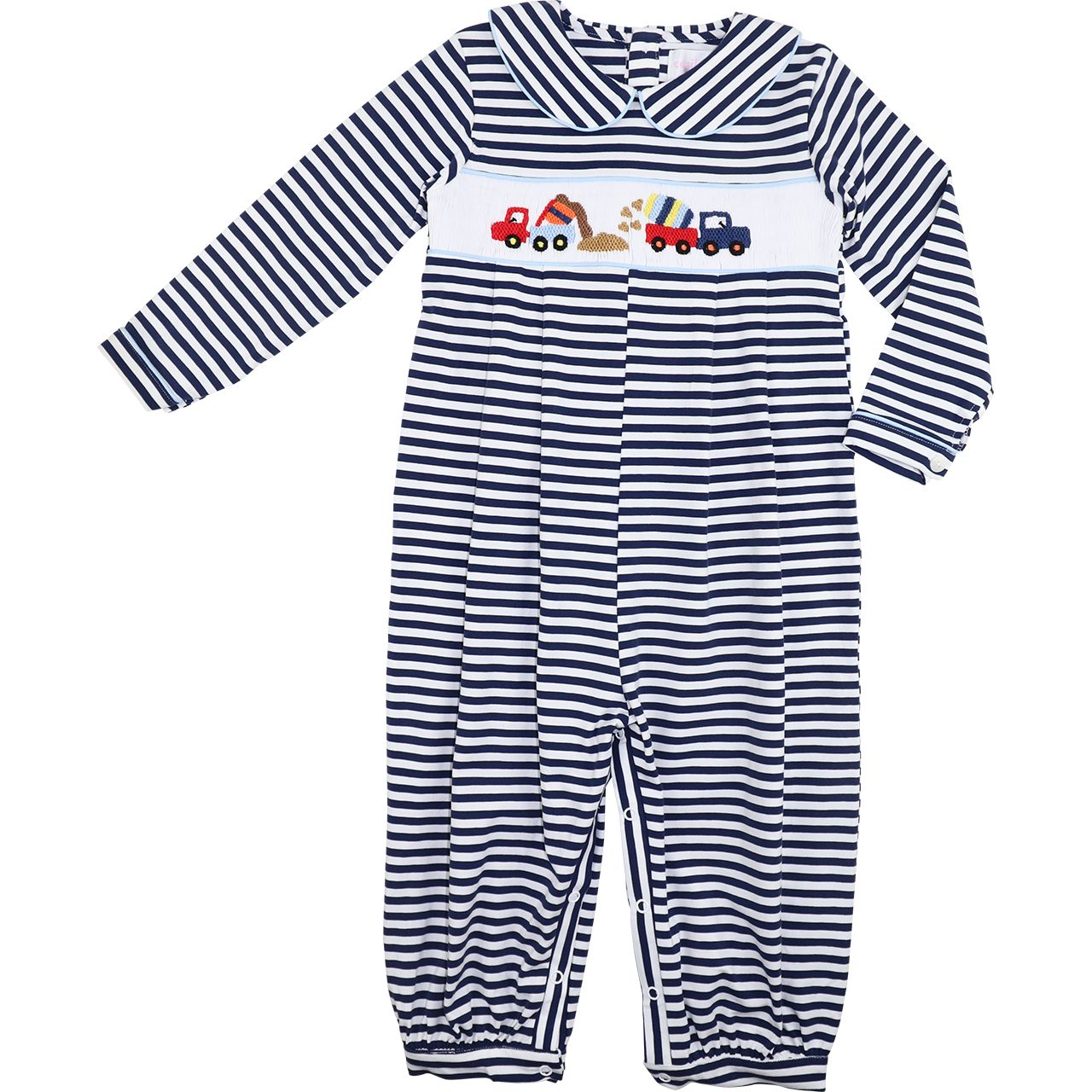 Navy Striped Knit Smocked Diggers Long Romper