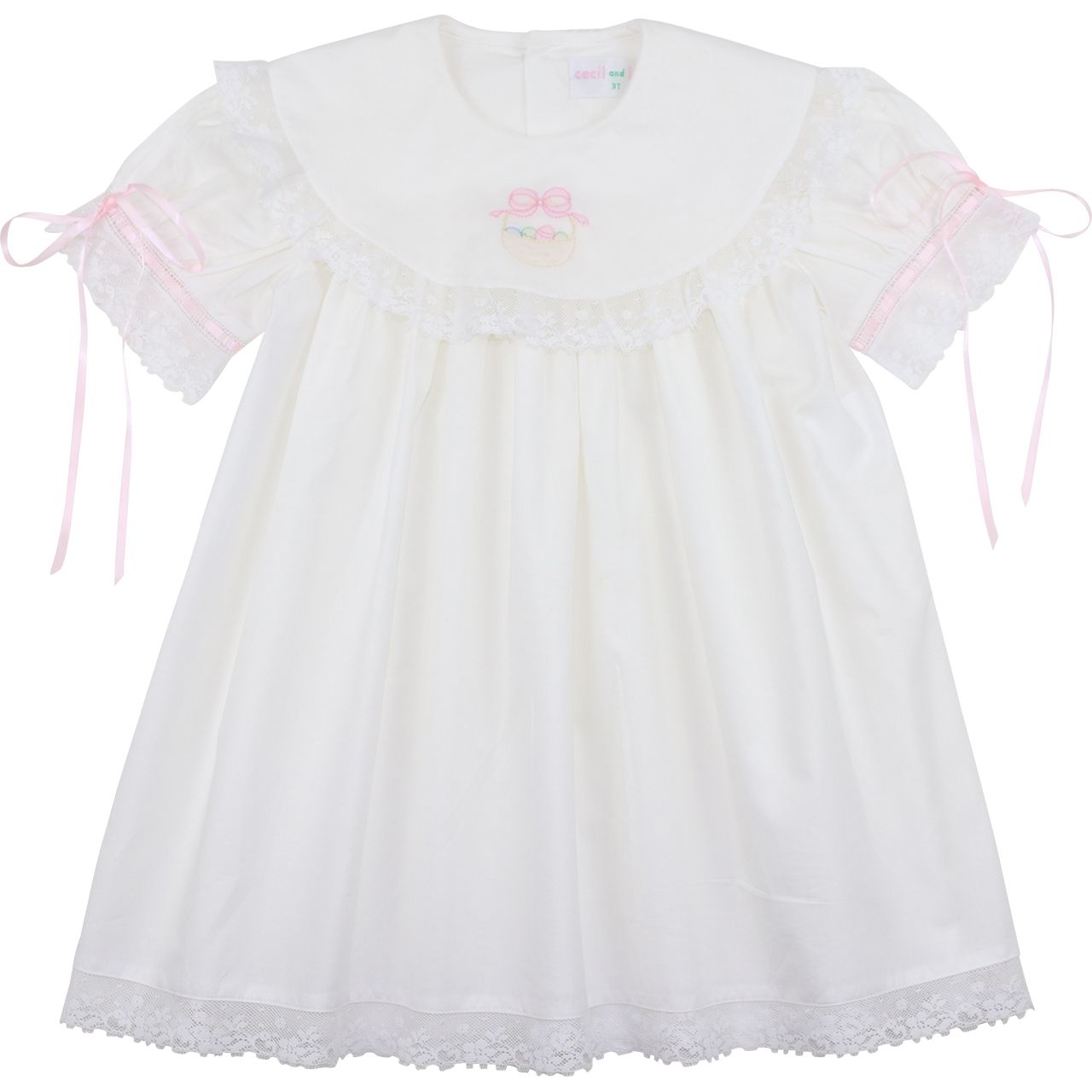 Girls white heirloom dress, embroidered Easter basket with eggs, pink ribbon ties, lace trim, front view