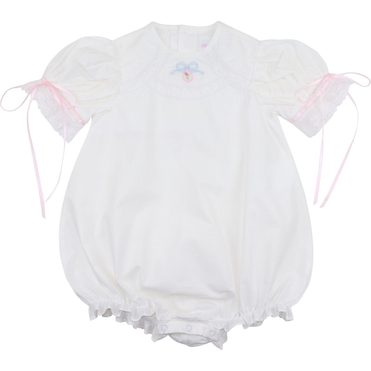 Girls white heirloom bubble romper, embroidered pastel bow, pink ribbon ties, lace trim, front view