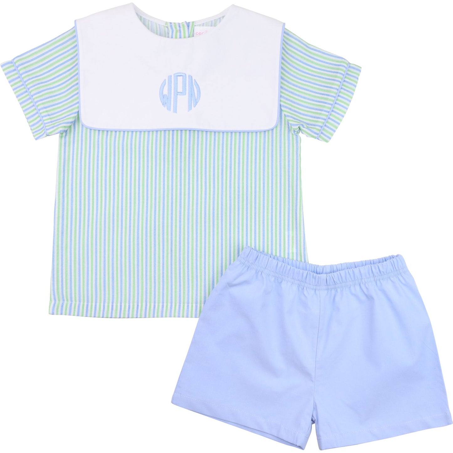 Blue And Green Seersucker Square Collar Short Set