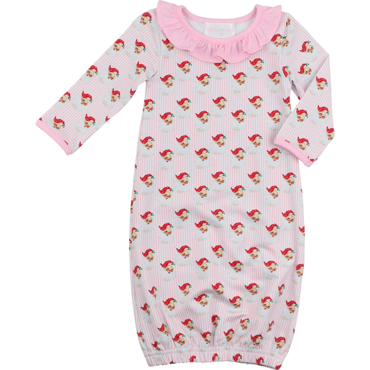 Pink Gingham Knit Santa Print Baby Gown