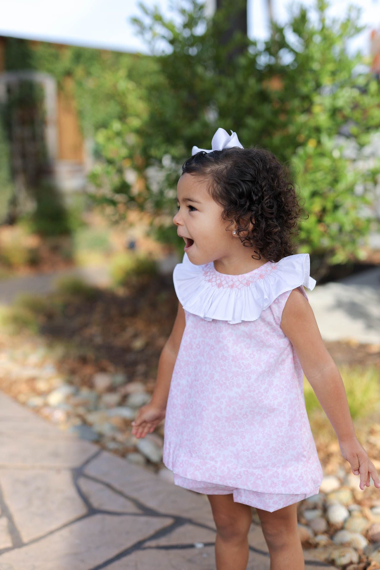 Pink Floral Smocked Ruffle Collar Bloomer Set