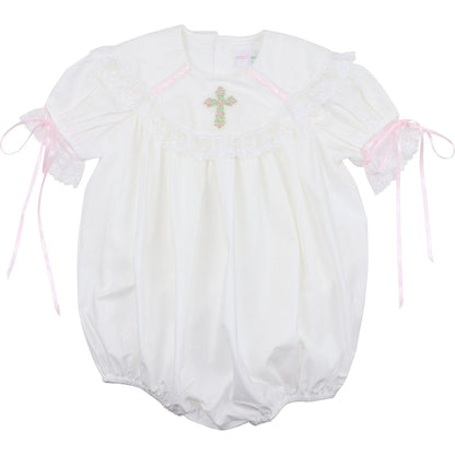 Girls white heirloom bubble romper, embroidered floral cross, pink ribbon ties, lace trim, front view