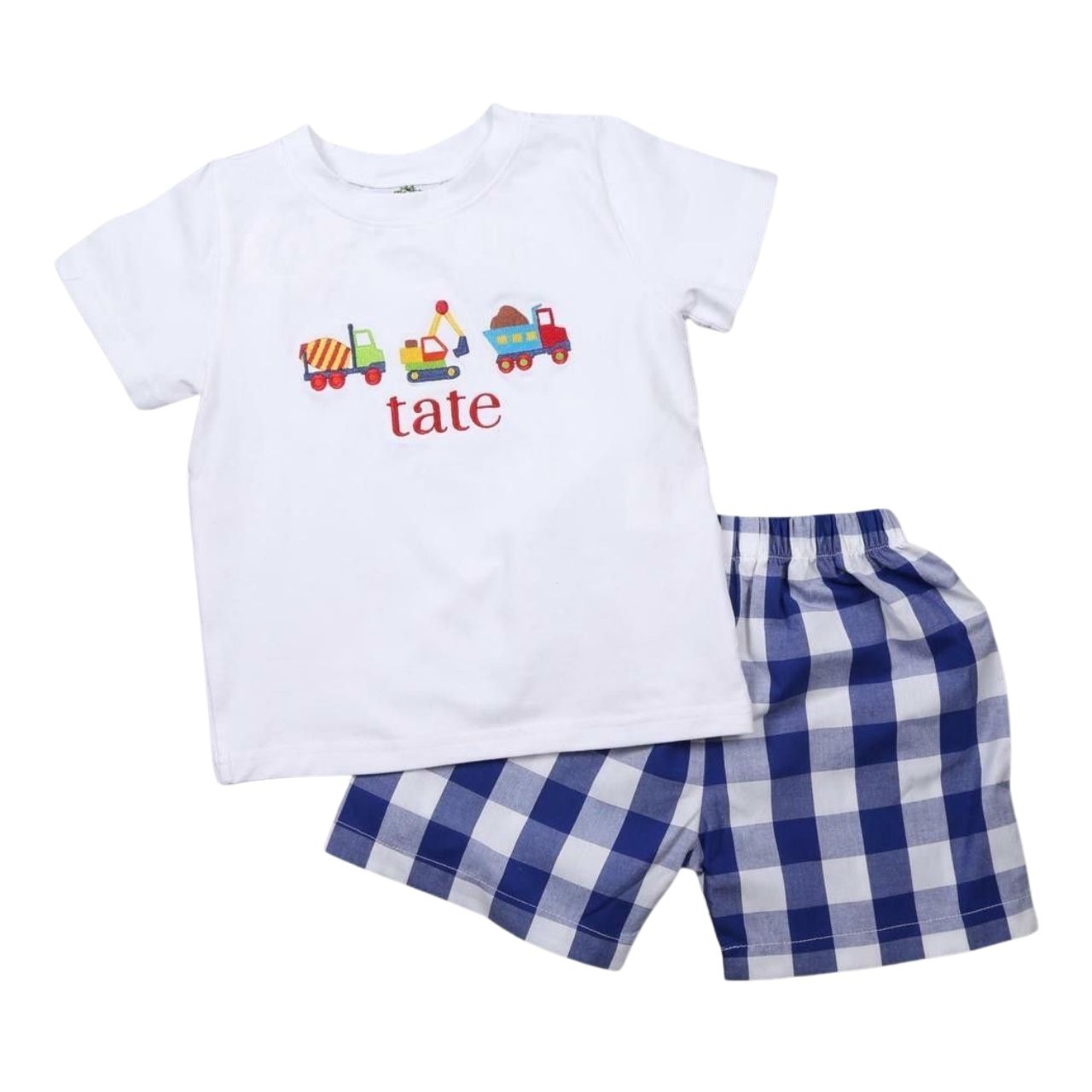 Children's outfit with white t-shirt and blue checkered shorts on a white background