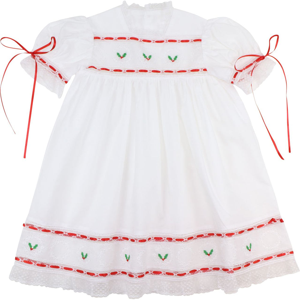 White embroidered holly heirloom Christmas dress with red ribbon details