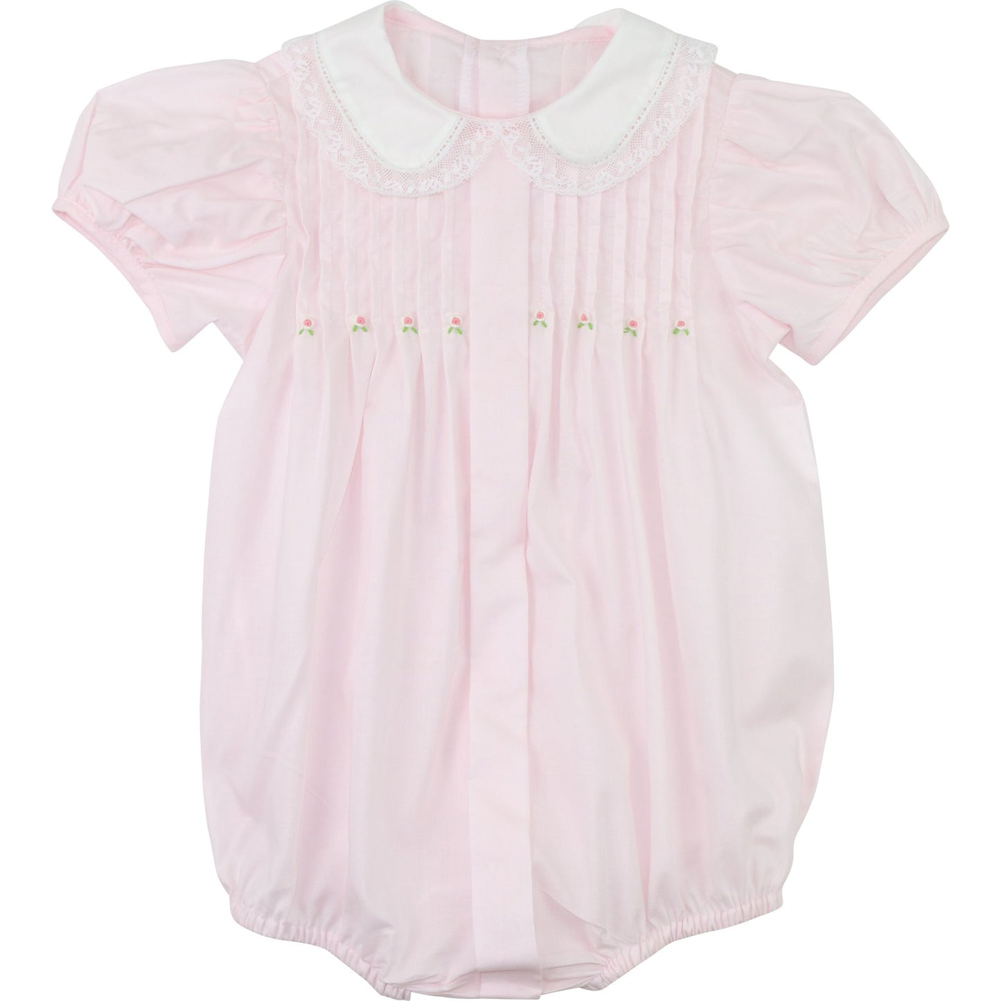 Pink baby girl bubble romper with white Peter Pan collar, embroidered rosebuds, and pleated bodice on flat lay