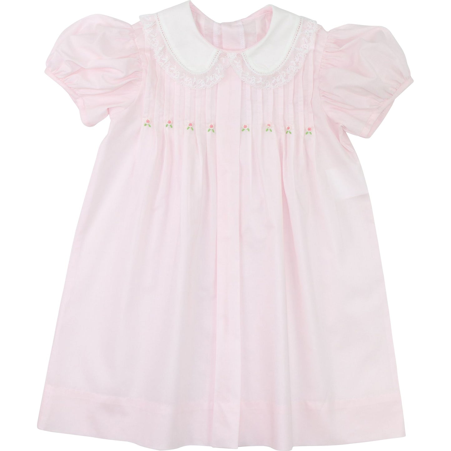 Girls pink heirloom dress with white Peter Pan collar, puff sleeves, embroidered rosebuds, flat lay view