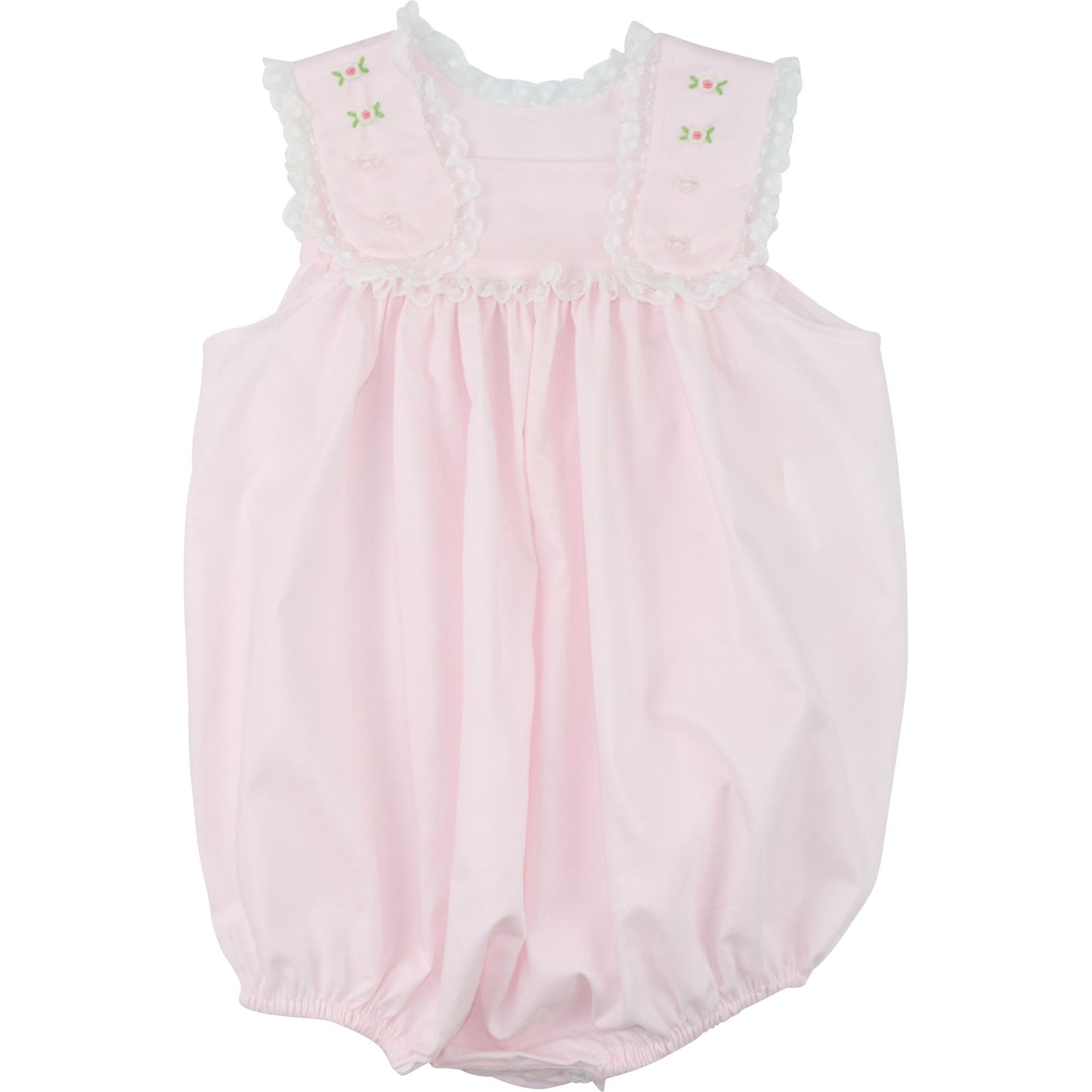 Girls pink heirloom bubble romper, embroidered rosebuds, white lace trim, flutter sleeves, front view