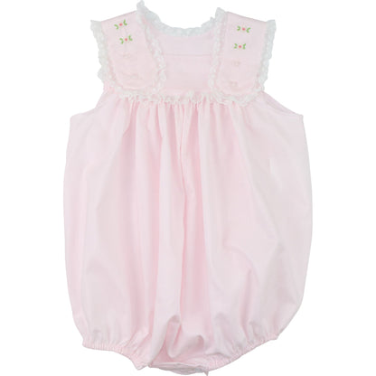 Girls pink heirloom bubble romper, embroidered rosebuds, white lace trim, flutter sleeves, front view