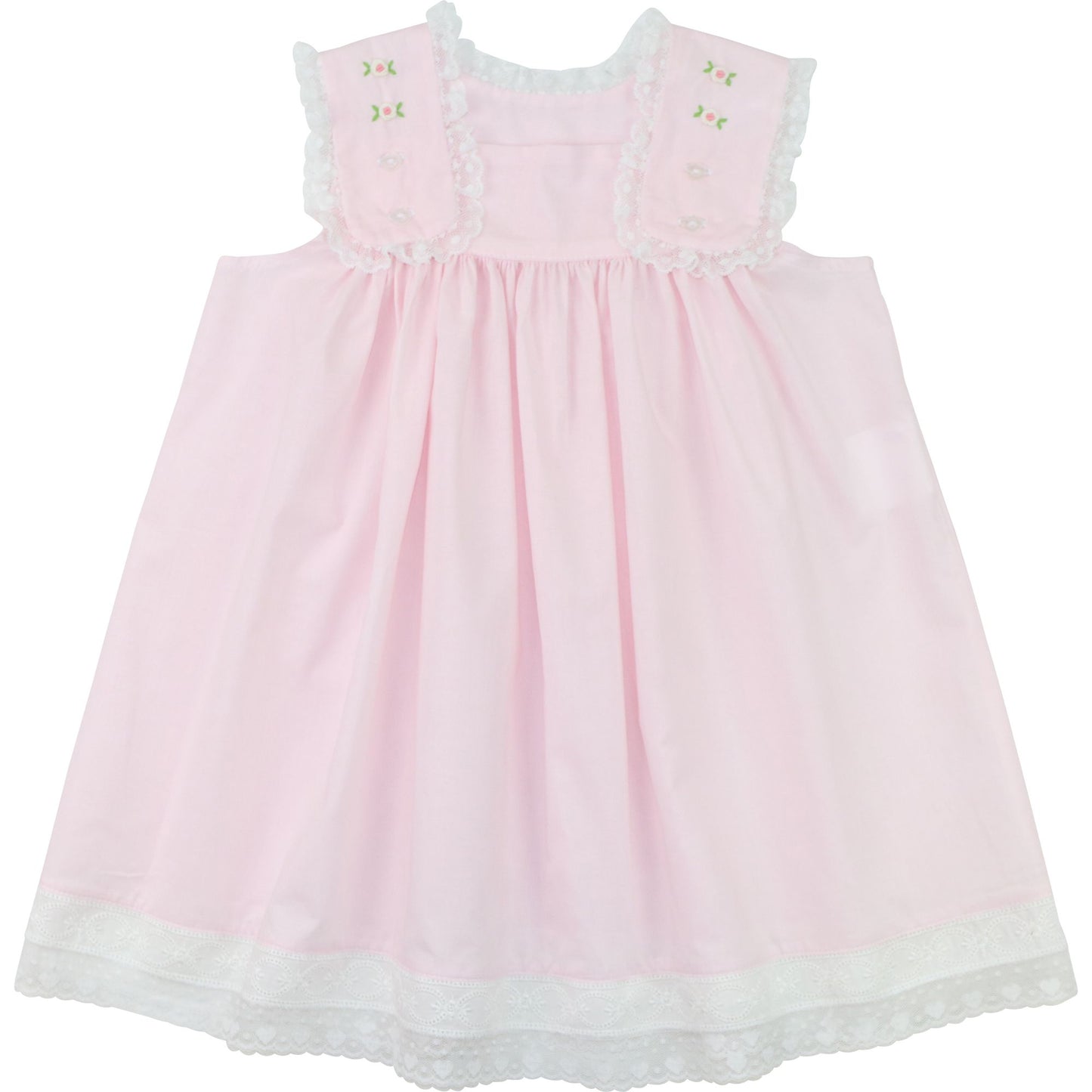 Girls pink heirloom dress, embroidered rosebuds, white lace trim, flutter sleeves, front view