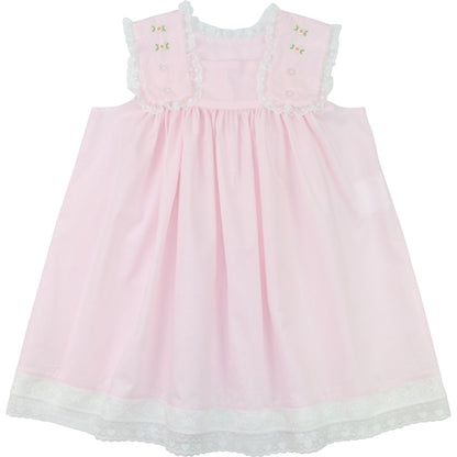 Girls pink heirloom dress, embroidered rosebuds, white lace trim, flutter sleeves, front view