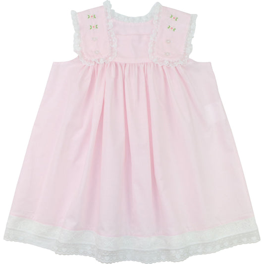 Girls pink heirloom dress, embroidered rosebuds, white lace trim, flutter sleeves, front view