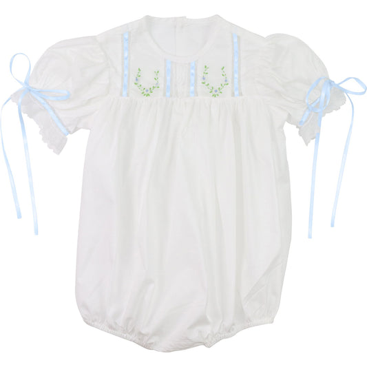 Baby white heirloom bubble romper, embroidered green wreath, blue satin ribbon ties, front view