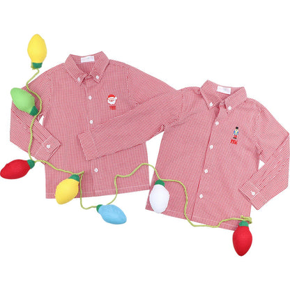 Red Gingham Embroidered Nutcracker Button Down Shirt