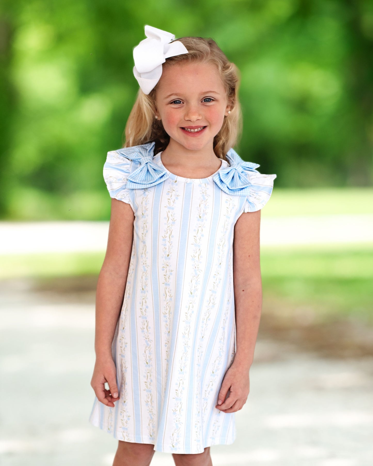 Blue Floral Stripe Bow Knit Dress