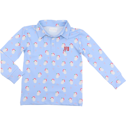 Blue Knit Santa Print Polo Shirt
