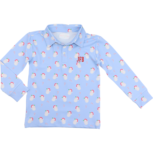 Blue Knit Santa Print Polo Shirt