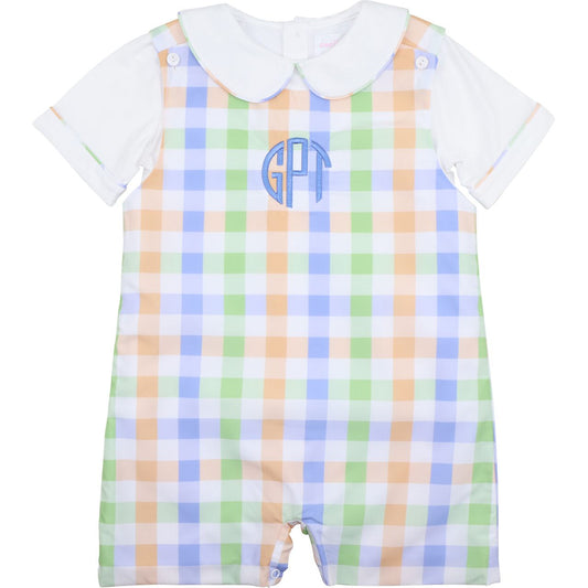Boy jon jon with pastel checkered pattern and monogram on a white background