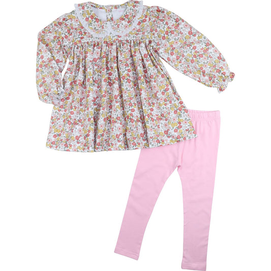 Floral top and pink leggings set on a white background