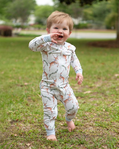 Blue Knit Gingham Reindeer Zipper Pajamas