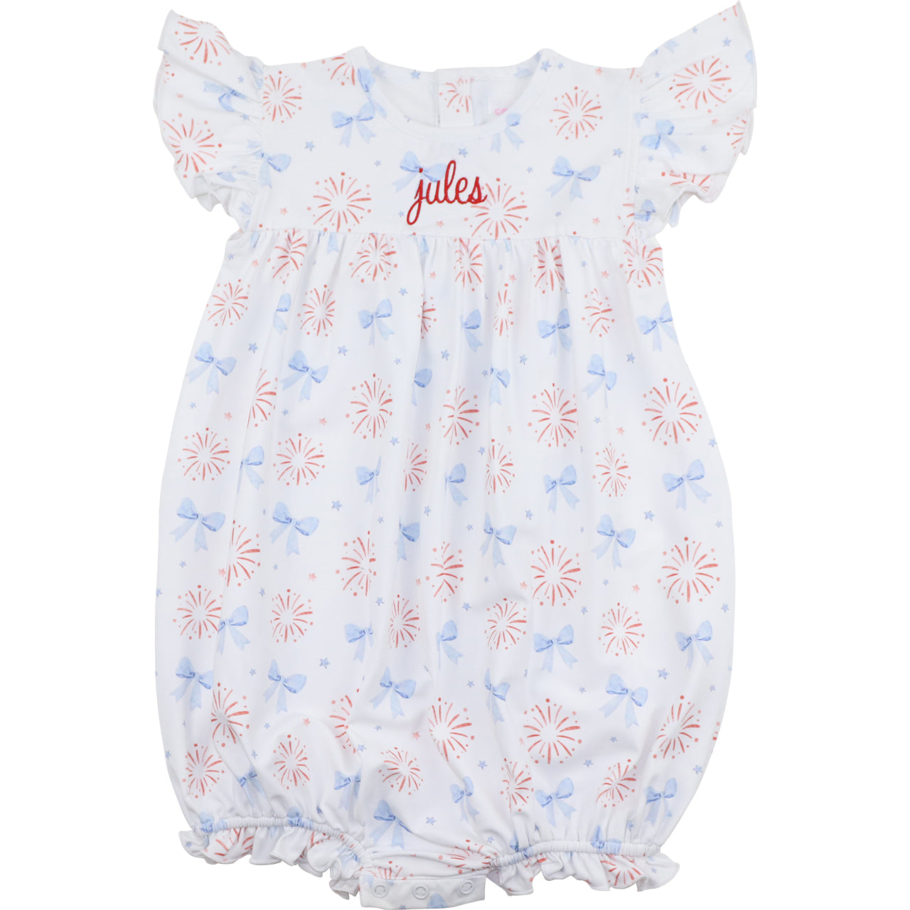 Baby bubble with floral pattern and 'jules' monogram on a white background