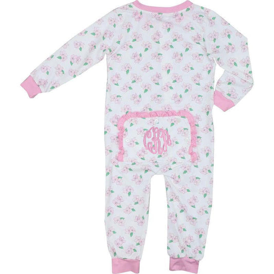 Floral-patterned baby onesie with pink accents on a white background