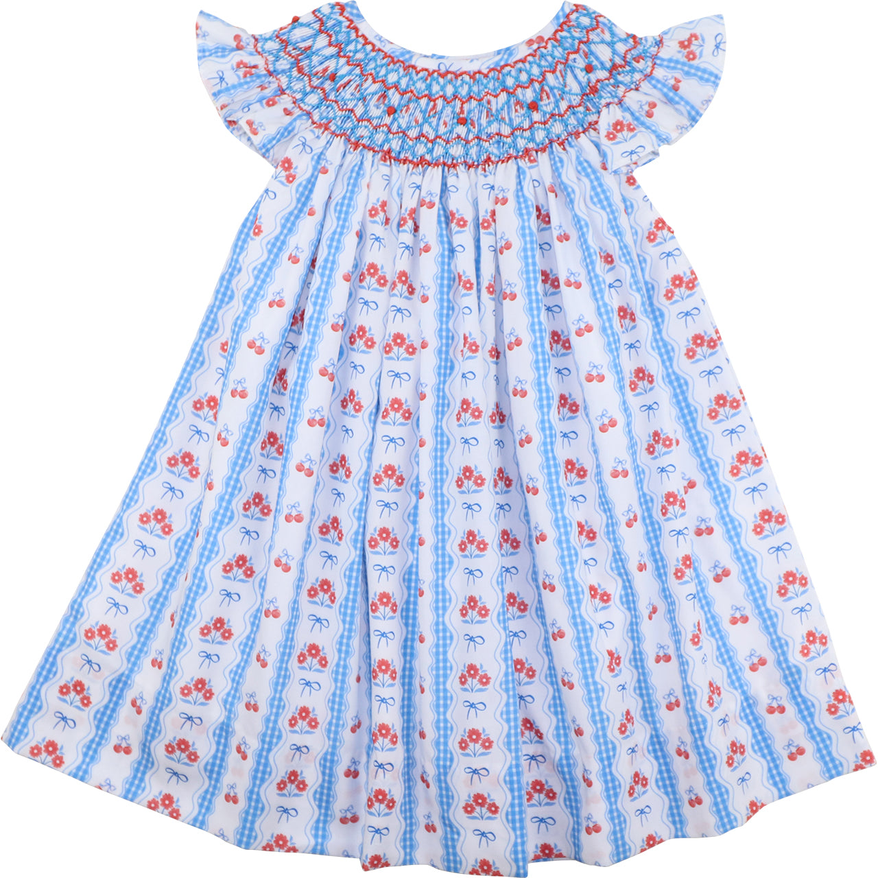 Children's dress with cherry pattern on a white background