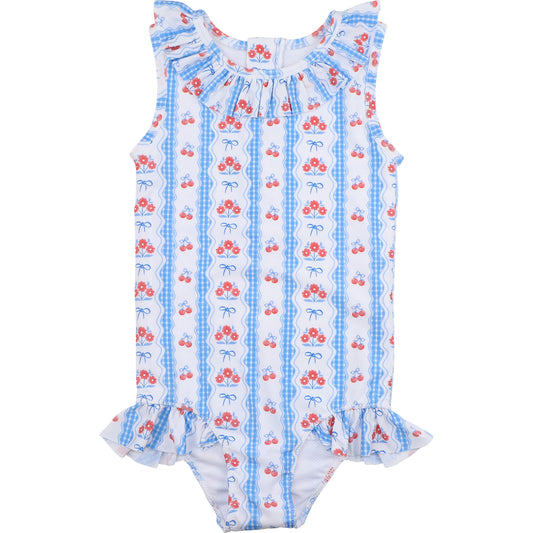 Swimsuit with cherry and gingham pattern on a white background