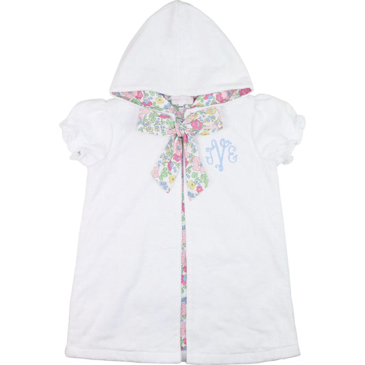 White terry cloth cover up with floral bow and monogram on a white background