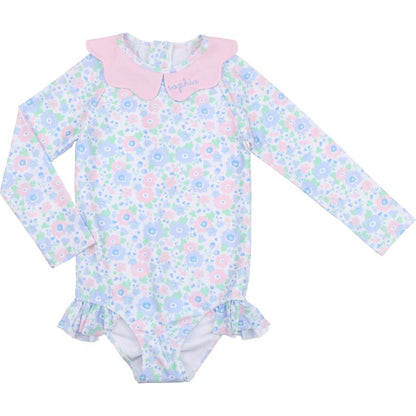 Floral Scalloped Collar Long Sleeve Swimsuit