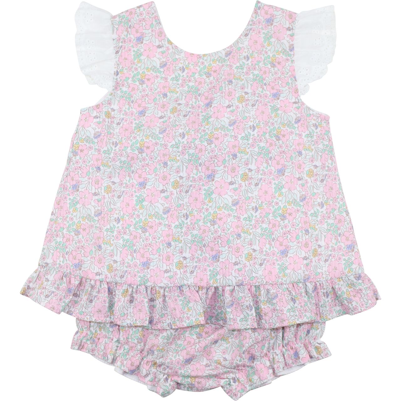 Pastel floral baby girl diaper set with peplum top, white eyelet flutter sleeves, and matching bloomers.