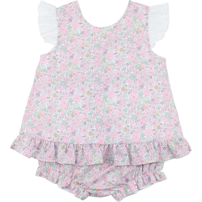 Pastel floral baby girl diaper set with peplum top, white eyelet flutter sleeves, and matching bloomers.