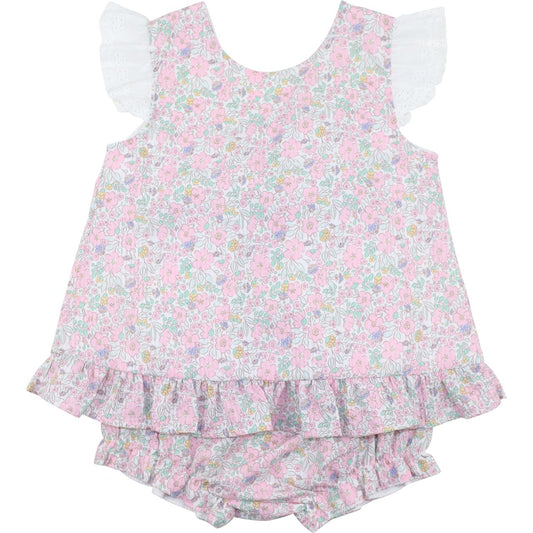Pastel floral baby girl diaper set with peplum top, white eyelet flutter sleeves, and matching bloomers.